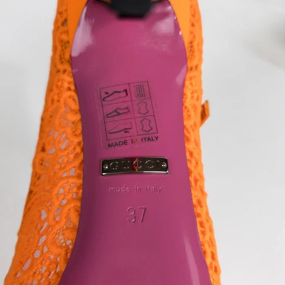 GUCCI Orange Virginia 95 mm Lace Pumps Mary Jane Pointed Toe Women's EU 37 US 7 - Picture 10 of 11